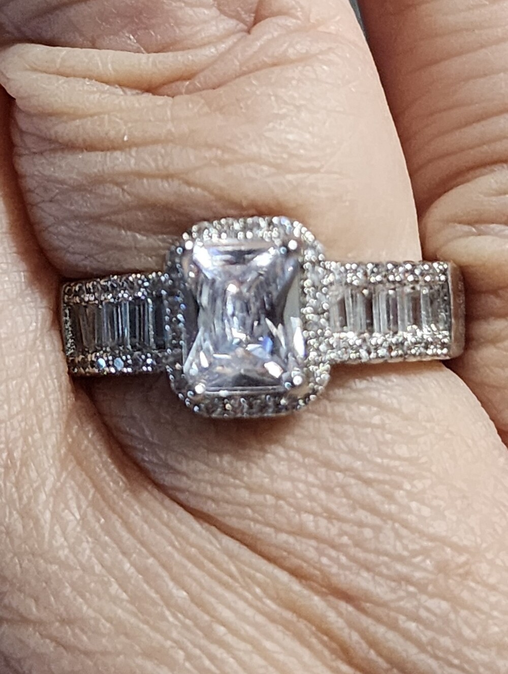 Silvertone Crystal Halo Engagement Ring with Channel Set Crystals - Picture 1 of 9